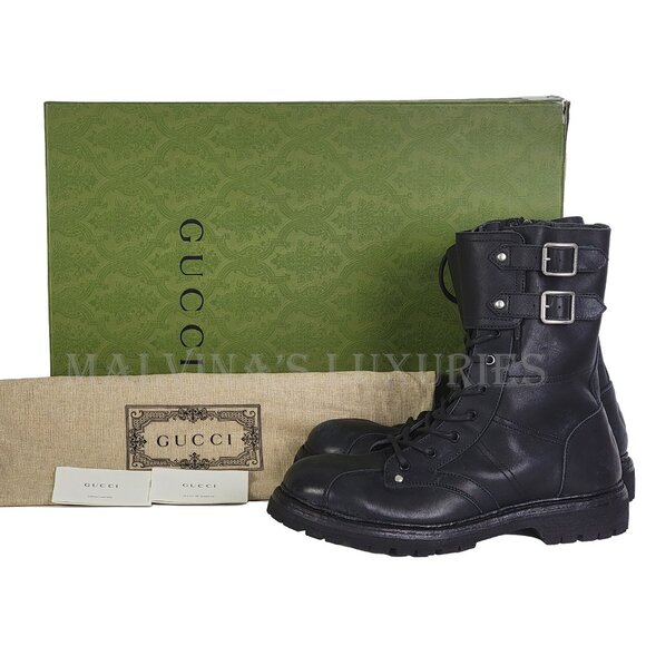 GUCCI BOOTS MENS LACE UP DISTRESSED BLACK LEATHER w LOGO sz 9 / 9.5 US - Picture 3 of 15